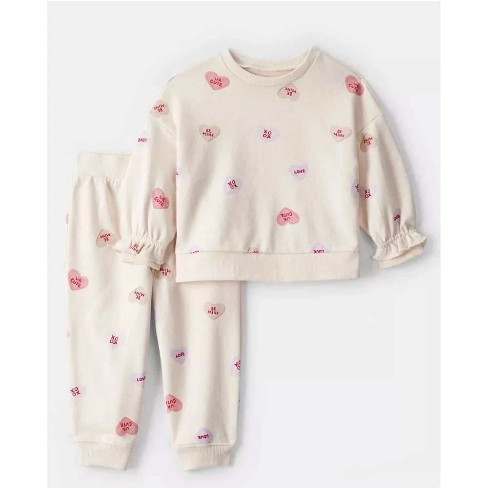 Cat & Jack Toddler Girls Valentines Day Heart Sweatshirt and Jogger Set Cream